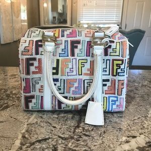 Fendi White Multi Color Zucca Forever Boston Bag